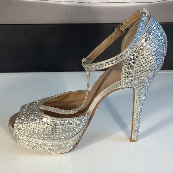 Thalia Sodi Flor Silver T Strap Platform Stiletto Jeweled Open Toe Heels Sz 9 - Picture 5 of 12